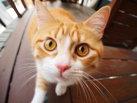 Close-up portrait of a cat. Detailed image of the muzzle. A domestic animal is looking at something. Illustration with distorted fisheye effect. Design for cover, card, postcard, decor or print.
