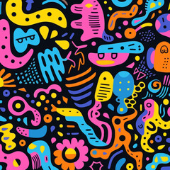 Obraz na płótnie Canvas Bold color quirky doodle pattern, background, cartoon, vector, whimsical Illustration
