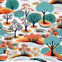 Zen garden quirky doodle pattern, background, cartoon, vector, whimsical Illustration