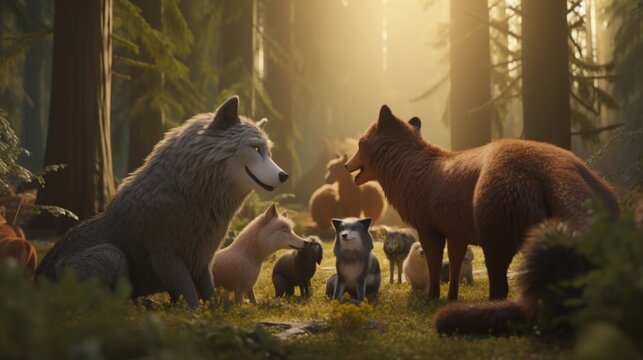 Cute animated wolf surrounded group animal AI Generated pictures