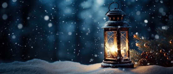 christmas lantern in snow field. Winter Decoration Background with copy space. Christmas theme, sales, space for your holiday text.