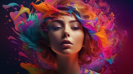 Obraz na płótnie Canvas Cute girl has many different colors face makeup photography oil painting image AI generated art