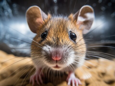 Close up portrait of a rat. Detailed image of the muzzle. A wild animal is looking at something. Illustration with distorted fisheye effect. Design for banner, flyer, poster, cover or brochure.