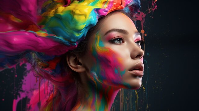 Cute girl has many different colors face makeup oil painting wallpaper image AI generated art