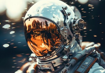 Close-up of an astronaut in a spacesuit in outer space. Space fantasy image. An exploration of the science fiction universe. Concept of the future. Design for cover, card, interior design, print, etc.