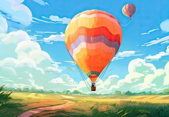Naklejka premium A bright hot air balloon flies over a beautiful landscape with plowed fields and forests on the horizon. The concept of motivation and inspiration for an active summer holiday. Illustration for design