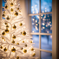 Gold ornaments on a glowing white Christmas tree by winter window