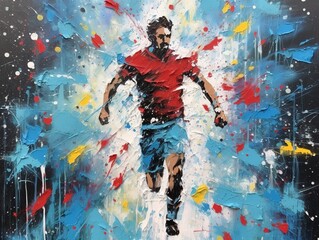 Running man. Marathon runner. People activity. Design for sport. Original acrylic or oil painting background made with paint strokes.  Interior painting. Illustration for cover, poster or banner.