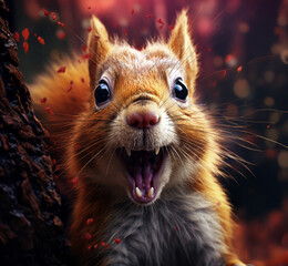 A close-up of a ferocious red squirrel with its mouth open, showcasing sharp teeth in a dramatic...