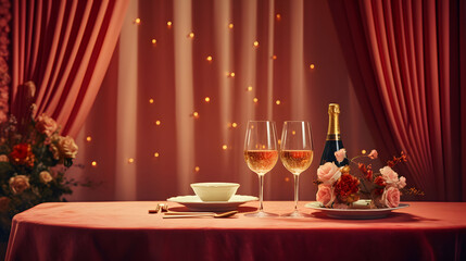 A beautifully and elegantly set table for New Year night. Retro vintage interior. Warm family atmosphere.