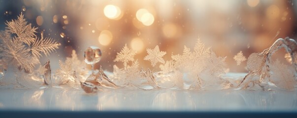  Frozen snowflakes on the window glass. Beautiful Christmas background.