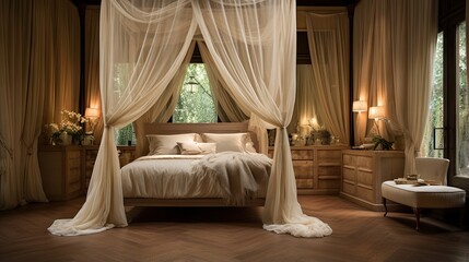  a bedroom with a bed, dressers, and windows.  generative ai