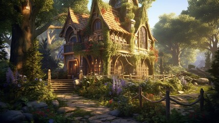 House fairy tale hidden beautiful green garden photography image AI generated art