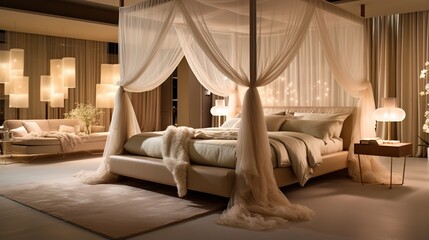  a bedroom with a canopy bed and a rug on the floor.  generative ai