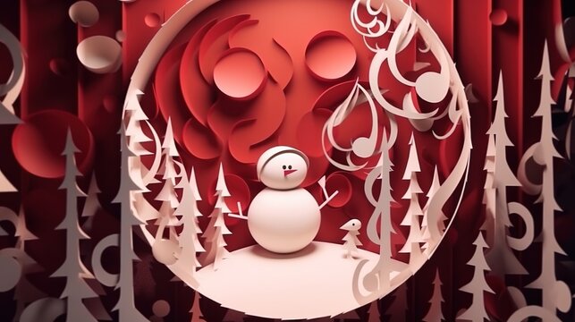 Funny snowman in winter forest among tree trunks in carving style. Christmas Concept. Illustration for cover, card, postcard, greeting card, design, invitation or print.