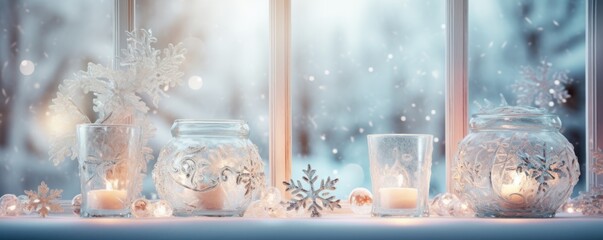  Xmas window decoration with snow outdoors. Celebrate festive concept.
