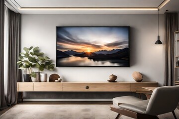 A Canvas Frame for a mockup resting on an elegant floating shelf, with a backlit ambiance, in a modern TV room