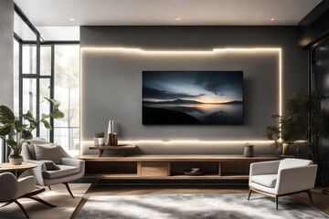 A Canvas Frame for a mockup resting on an elegant floating shelf, with a backlit ambiance, in a modern TV room