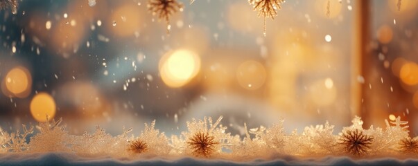 Fototapeta na wymiar Frozen snowflakes on the window glass. Beautiful Christmas background.