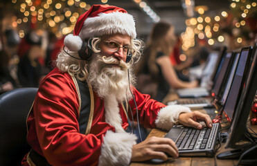 santa claus with headphones in a telephone exchange taking orders, working at christmas, - obrazy, fototapety, plakaty