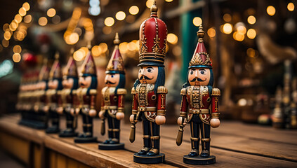 several christmas nutcrackers in a row, on a wooden table, ornaments and christmas decorations - obrazy, fototapety, plakaty