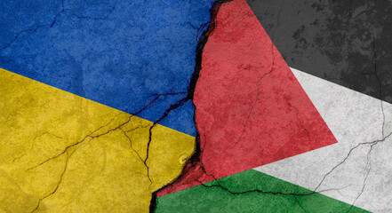 Ukraine and Palestine flags, concrete wall texture with cracks, grunge background, military conflict concept