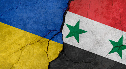 Ukraine and Syria flags, concrete wall texture with cracks, grunge background, military conflict concept