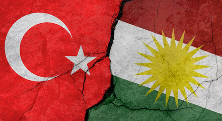 Turkey and Kurdistan flags, concrete wall texture with cracks, grunge background, military conflict concept