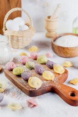 Russian homemade meat dumplings colorful pelmeni.