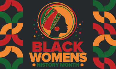 Black Women's History Month annual celebrated in April. International holiday in honor of the achievements of black women with roots in Africa of the past, future and present. Black woman silhouette - obrazy, fototapety, plakaty