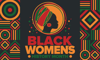 Black Women's History Month annual celebrated in April. International holiday in honor of the achievements of black women with roots in Africa of the past, future and present. Black woman silhouette