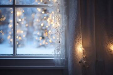 Frosty window in a cozy festive house with Christmas lights in the room, looking on the beautiful snowy backyard.