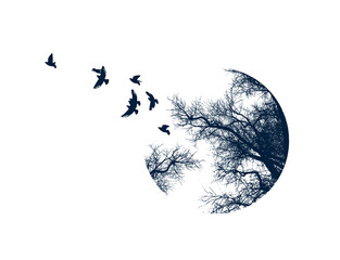 Abstract nature. Birds fly from tree branches. hand drawing. Not AI, Illustrat3 . Vector illustration