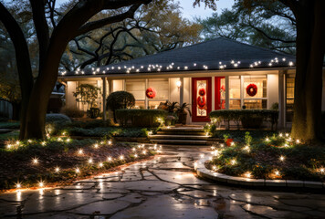 christmas decorations at the entrance of a house with garden, christmas lights