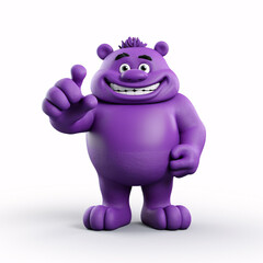 mascot in purple with silly expression, pointing