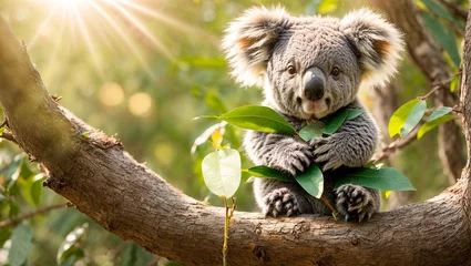 Gordijnen Cute cartoon koala eucalyptus leaves © tanya78