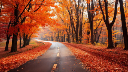 Naklejka na ściany i meble Autumn landscape with road in the forest. Fall season concept.