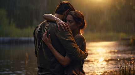 Couple embracing by the lake in the rain.