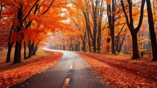 Autumn landscape with road in the forest. Fall season concept.