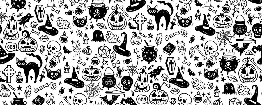 Monochrome seamless pattern of cute Halloween hand drawn doodle. Black and white background with Pumpkin, broom, owl, skull, house, castle, raven, pentagram, witch, cat, leaves, spider, ghost, cat,