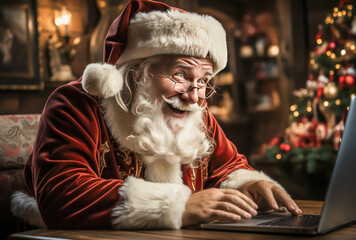 santa claus is sitting in front of the computer, laughing his head off, christmas, winter, presents,