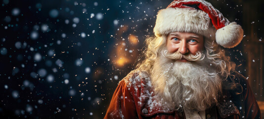 wallpaper, snowy santa claus portrait, with blurred background, copy space, gifts, christmas, winter