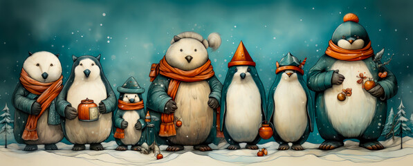 animals in a row, penguin, bear, santa claus friends are standing together in the snow, christmas, winter, painting style