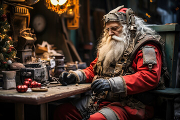 santa claus post apocalyptic scene, sitting at a table with clothes from an alternate future or what may happen, christmas concept