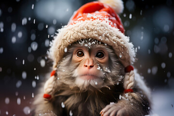 a monkey in the snow dressed in a red hat and coat, christmas concept animals - obrazy, fototapety, plakaty