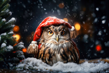 a owl in the snow dressed in a red hat and coat, christmas concept animals - obrazy, fototapety, plakaty
