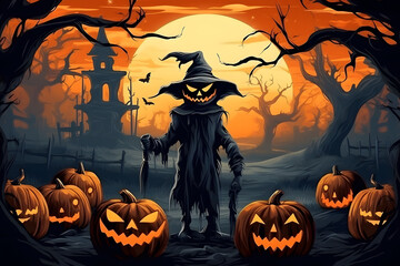 Halloween scarecrow  and pumpkin jack lanterns in spooky forest with a full moon - obrazy, fototapety, plakaty