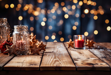 various candle in wooden table covered with snow and lights, christmas decorations, winter