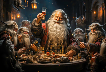 santa claus sharing a meal with the dwarf elves, christmas spirit,