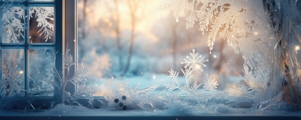  Frozen snowflakes on the glass. Beautiful Christmas background.